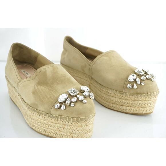 Miu Miu Beige Suede Crystal Jewel Toe Platform Espadrilles SZ 42 12 Slip on $790 - Picture 7 of 12